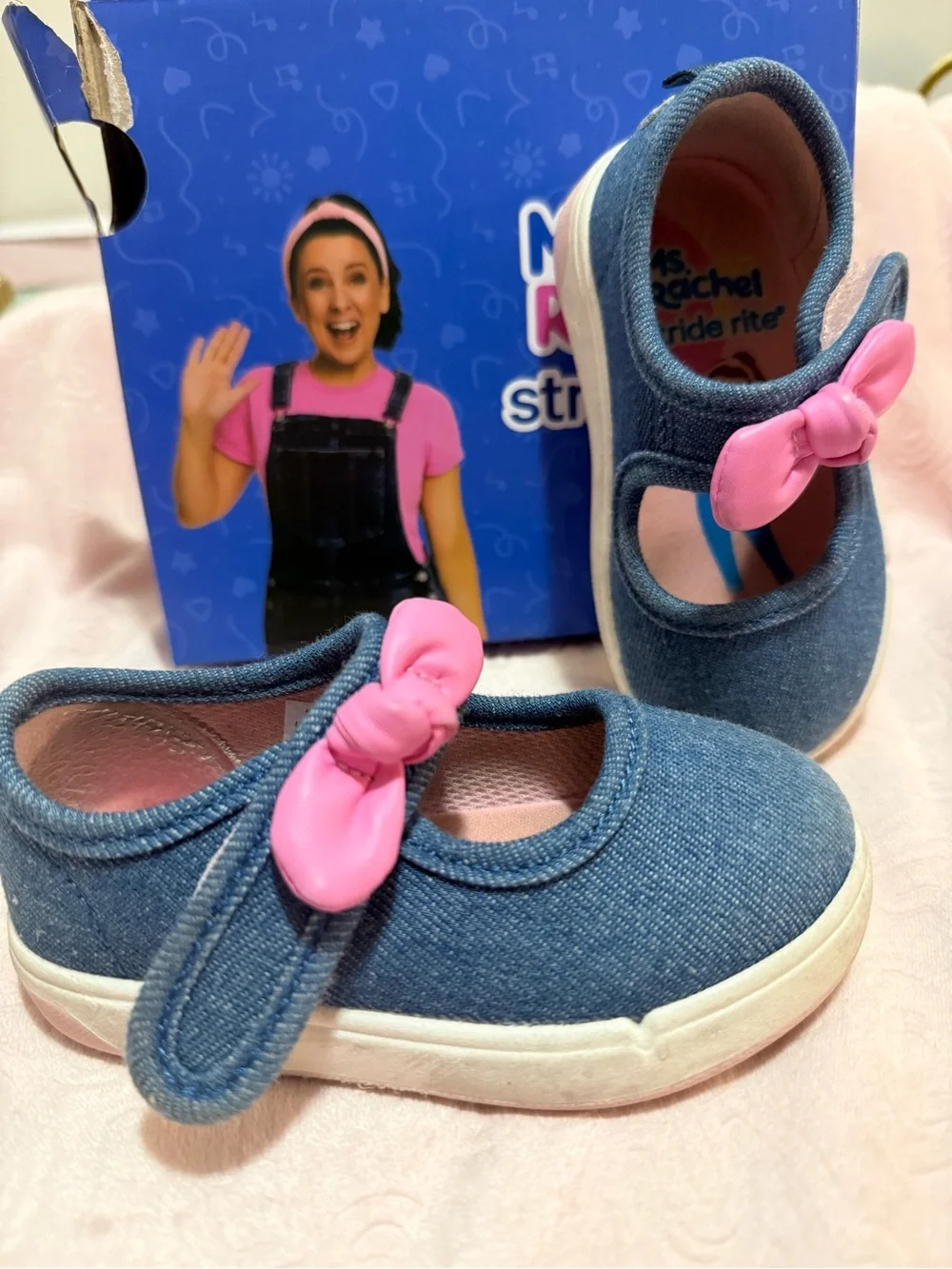 Ms. Rachel xStride Rite Girls' Denim Mary Janes with Pink Bows